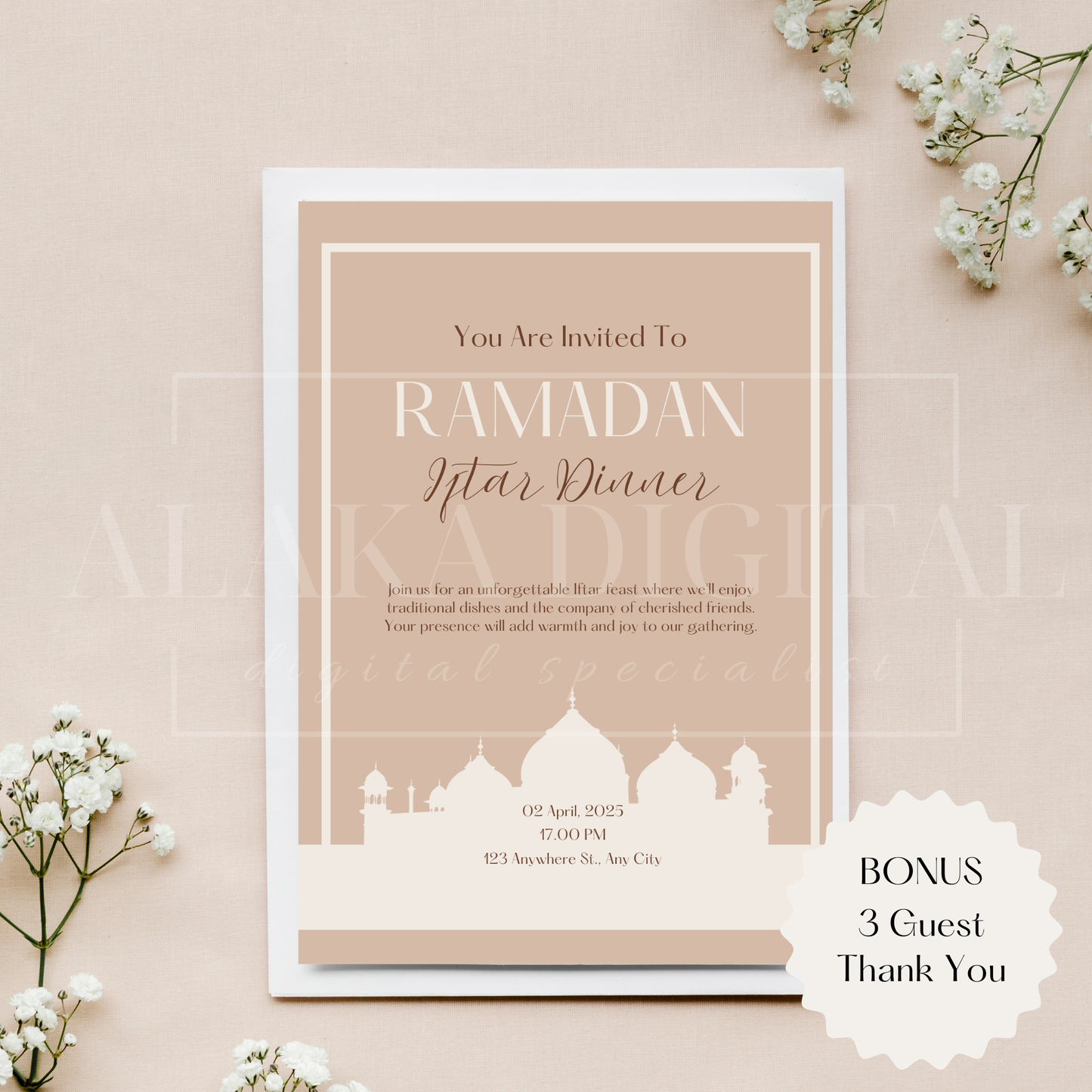 Invitation élégante pour le Ramadan et cartes de remerciement - Modèle Canva imprimable | Invitation modifiable pour l'Iftar du Ramadan | Invitation à un rassemblement musulman