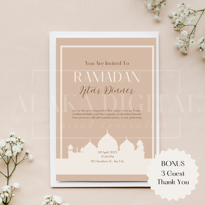 Invitation élégante pour le Ramadan et cartes de remerciement - Modèle Canva imprimable | Invitation modifiable pour l'Iftar du Ramadan | Invitation à un rassemblement musulman