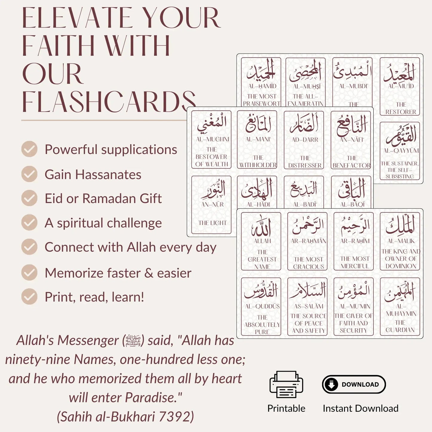 99 Names of Allah Flashcards: Printable Islamic Cards, Imaan Booster, Ramadan/Eid Gift