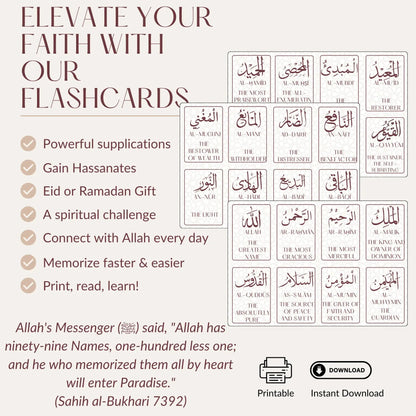 99 Names of Allah Flashcards: Printable Islamic Cards, Imaan Booster, Ramadan/Eid Gift