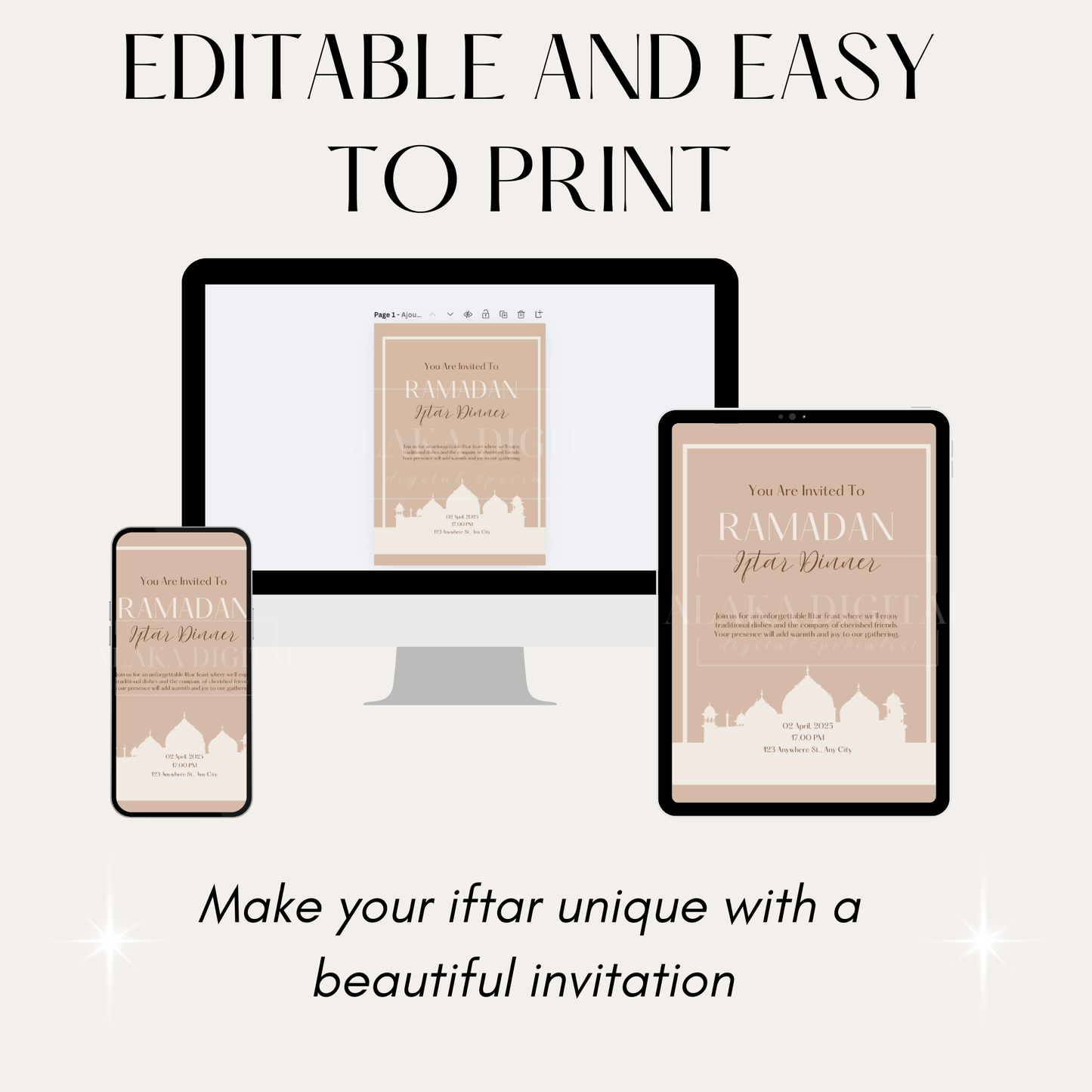 Invitation élégante pour le Ramadan et cartes de remerciement - Modèle Canva imprimable | Invitation modifiable pour l'Iftar du Ramadan | Invitation à un rassemblement musulman