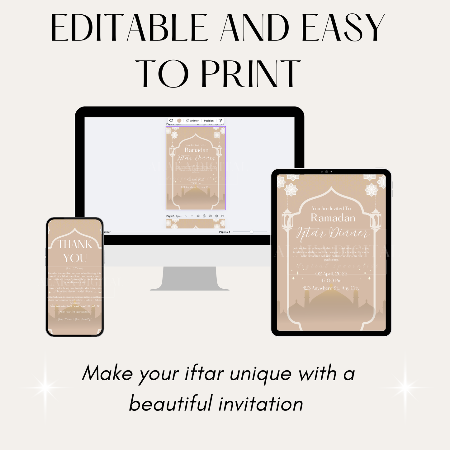 Invitation et décoration du Ramadan : cartes de remerciement pour les invités, invitation à une fête Iftar, modèle islamique