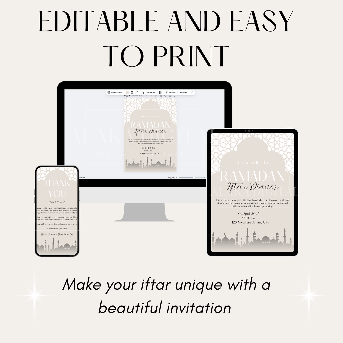 Invitation et décoration du Ramadan : cartes de remerciement pour les invités, invitation à une fête Iftar, modèle islamique