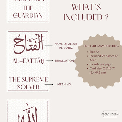 99 Names of Allah Flashcards: Printable Islamic Cards, Imaan Booster, Ramadan/Eid Gift