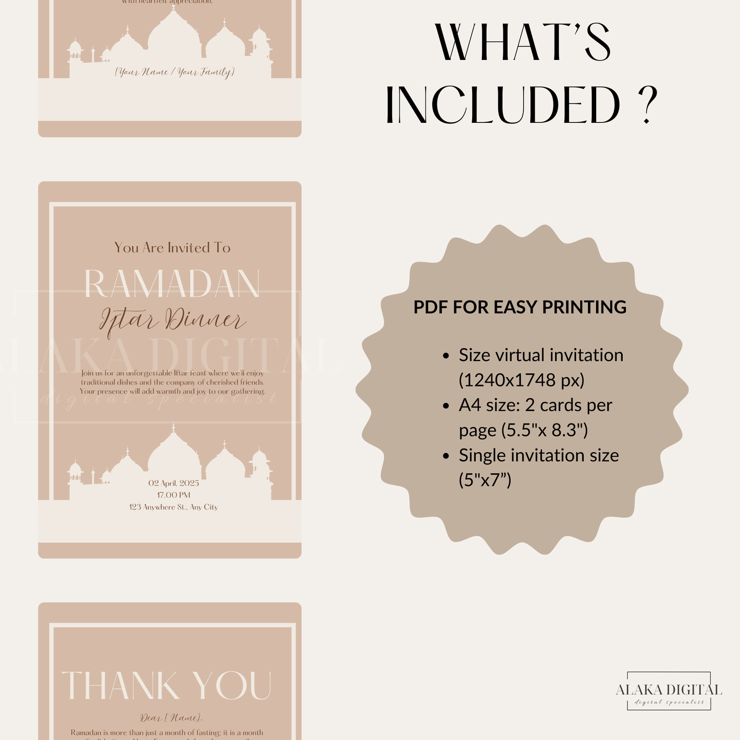 Invitation élégante pour le Ramadan et cartes de remerciement - Modèle Canva imprimable | Invitation modifiable pour l'Iftar du Ramadan | Invitation à un rassemblement musulman