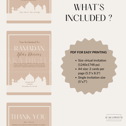 Invitation élégante pour le Ramadan et cartes de remerciement - Modèle Canva imprimable | Invitation modifiable pour l'Iftar du Ramadan | Invitation à un rassemblement musulman