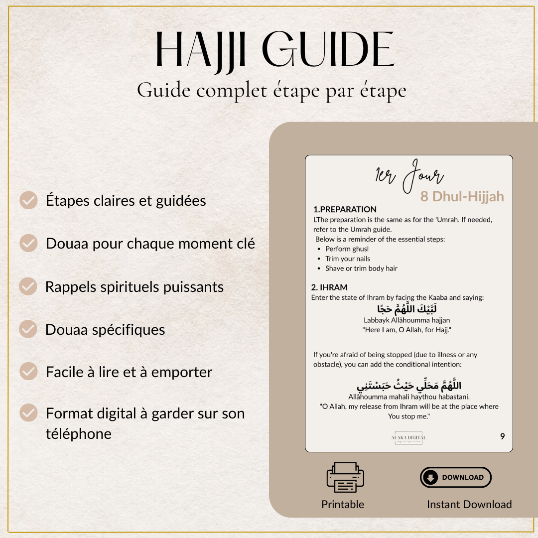 Hajj Digital Pack – Step-by-step Guide, Duas, Qur’an Journal, Travel Checklist & Keepsakes