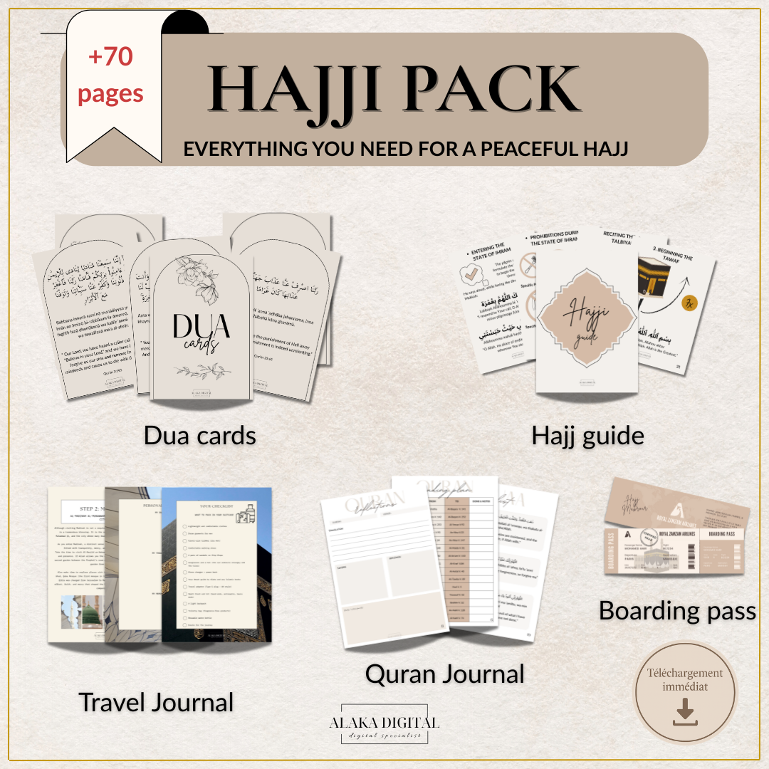 Hajj Digital Pack – Step-by-step Guide, Duas, Qur’an Journal, Travel Checklist & Keepsakes