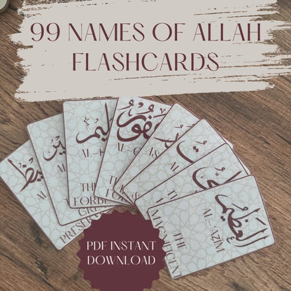 99 Names of Allah Flashcards: Printable Islamic Cards, Imaan Booster, Ramadan/Eid Gift